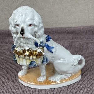 German 19th Century Porcelain Poodle Figurine Handpainted Gold Puppies in Basket